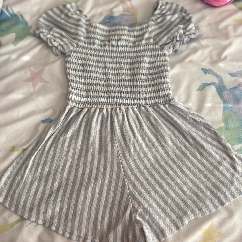Baby blue and white striped romper